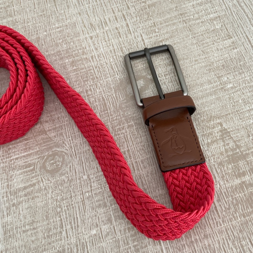 Mens Adjustable Classic Penguin Red Woven Belt With Brown Cowhide Ends Size 32